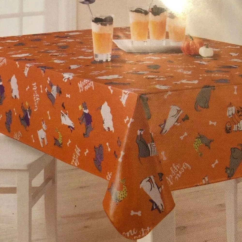 Orange Vinyl Halloween Dog in costume TABLECLOTH